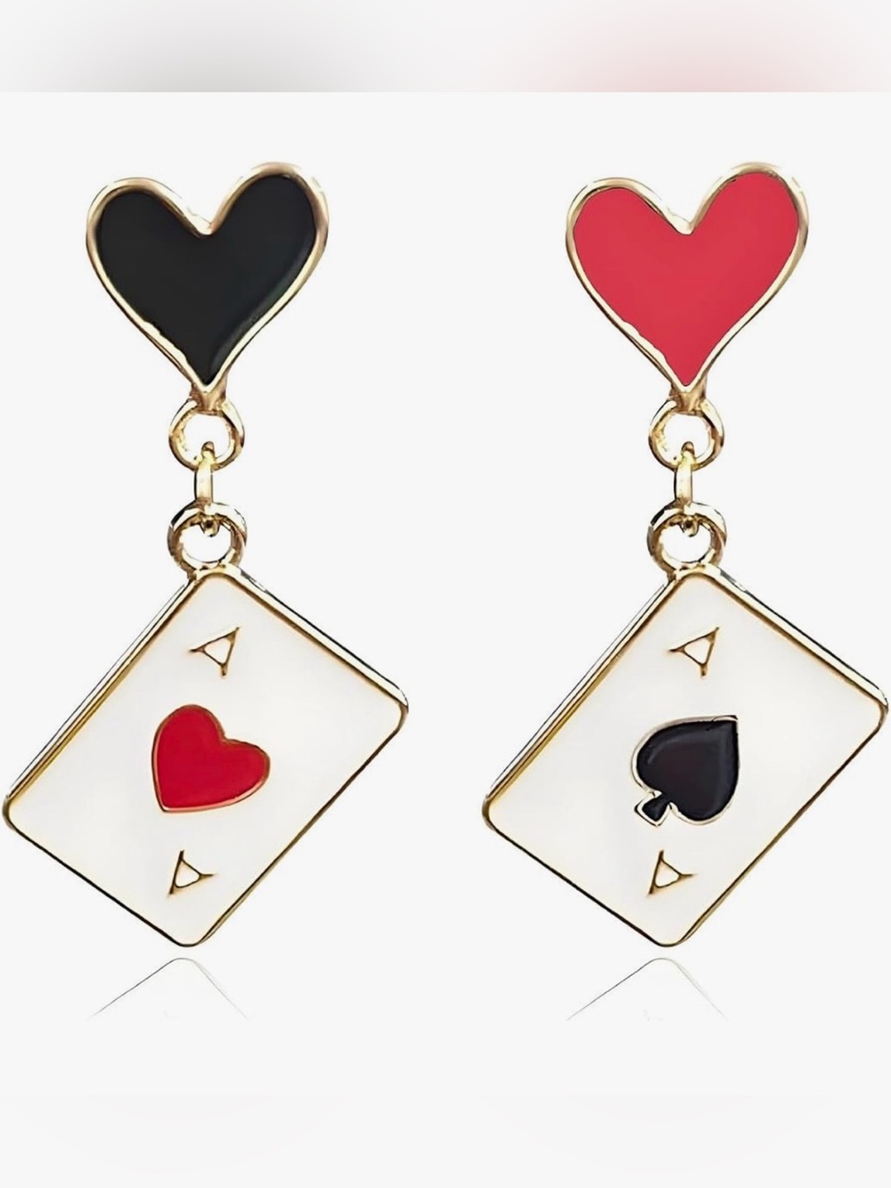 Gold-Tone Heart & Card Drop Earrings - Red & Black Enamel